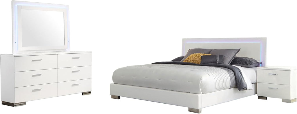 Coaster Home Furnishings Felicity Contemporary 4-Piece Bedroom Set California King Size LED Panel Bed Frame 49-inch Headboard White High Gloss 203500KW-S4L