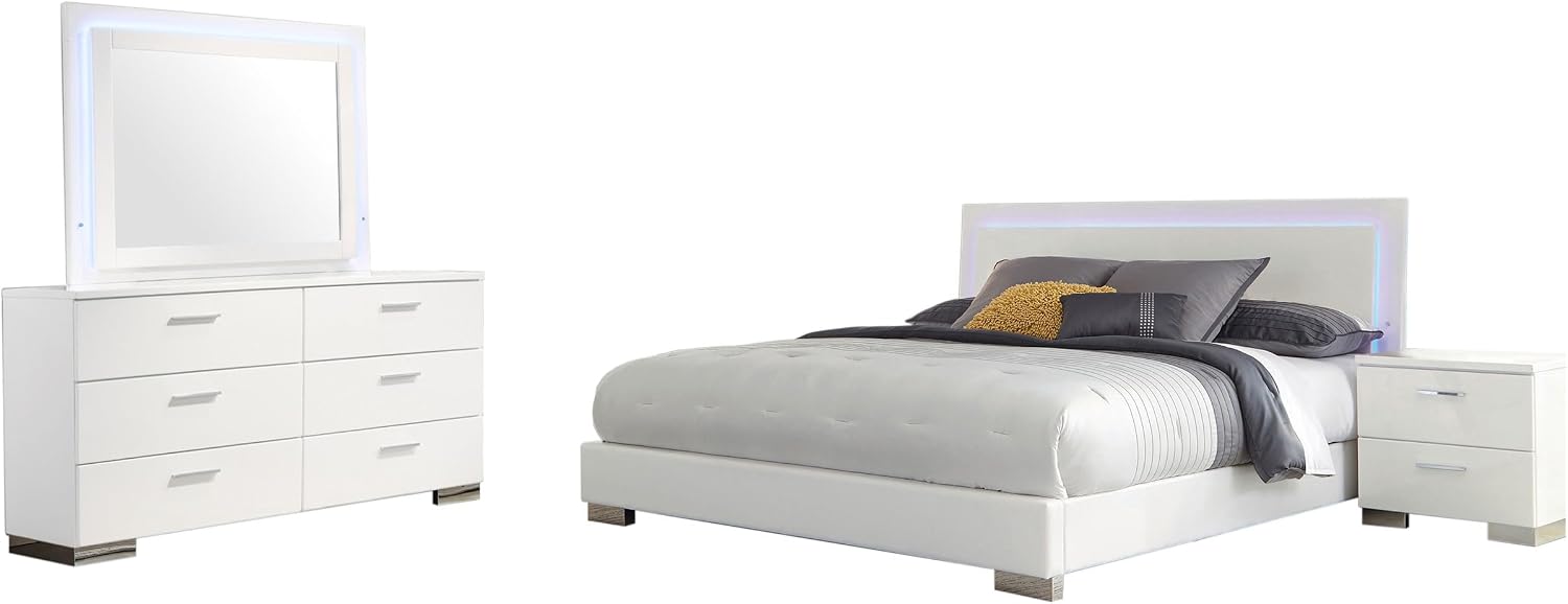 Coaster Home Furnishings Felicity Contemporary 4-Piece Bedroom Set California King Size LED Panel Bed Frame 49-inch Headboard White High Gloss 203500KW-S4L