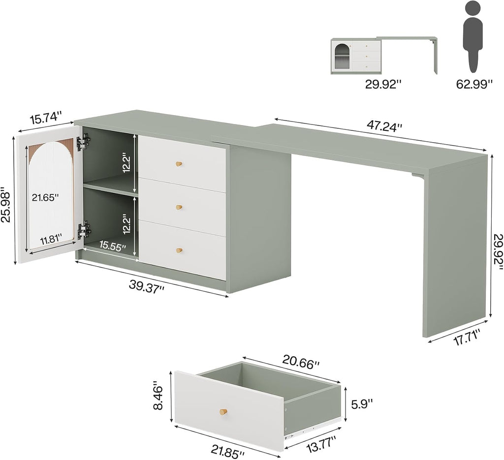 Tribesigns Modern Makeup Vanity, Retractable Large Vanity Desk with 3 Drawers and Cabinet, Makeup Corner Dressing Table for Bedroom, Light Green and White (Without Mirror)