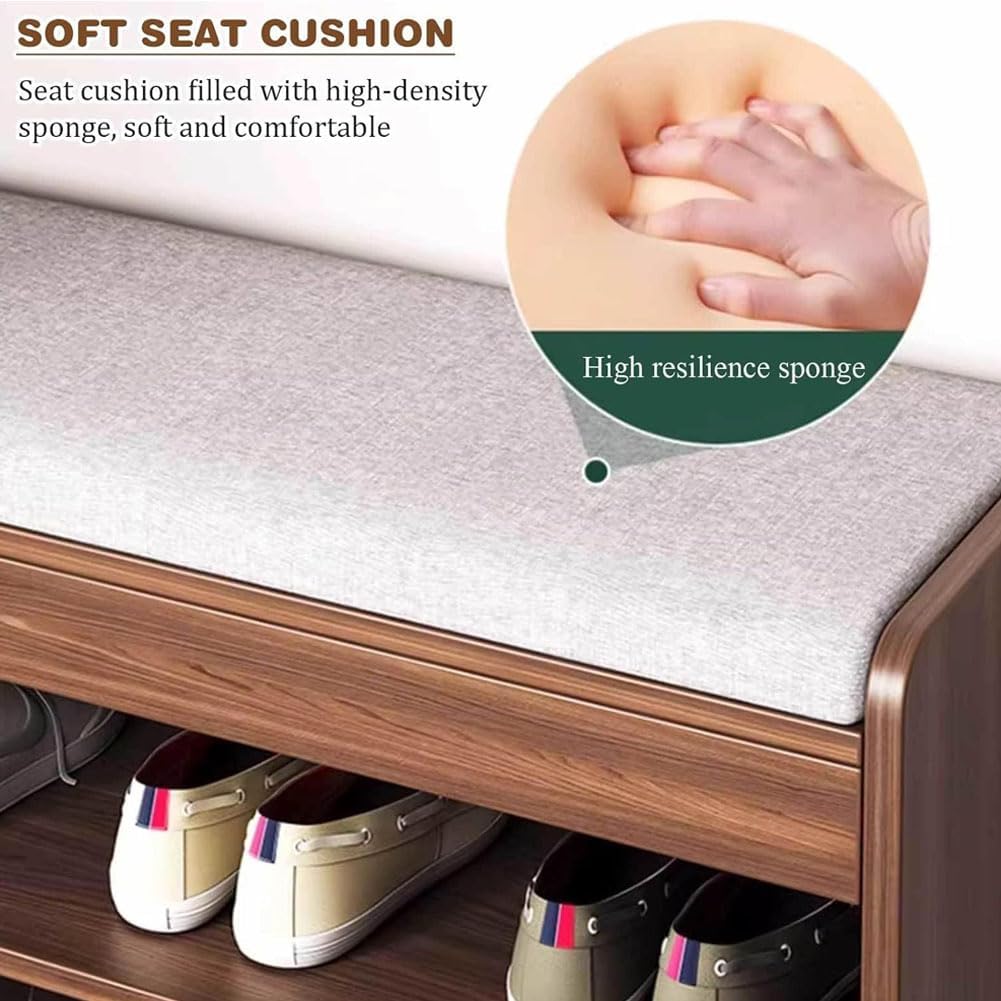 Solid Wood Shoe Bench, Open Shoe Storage Rack with Soft Seat Cushion and Round Corners Ample Seating Space Wide Horizontal Board for Stable Load-Bearing Walnut Colour 60cm