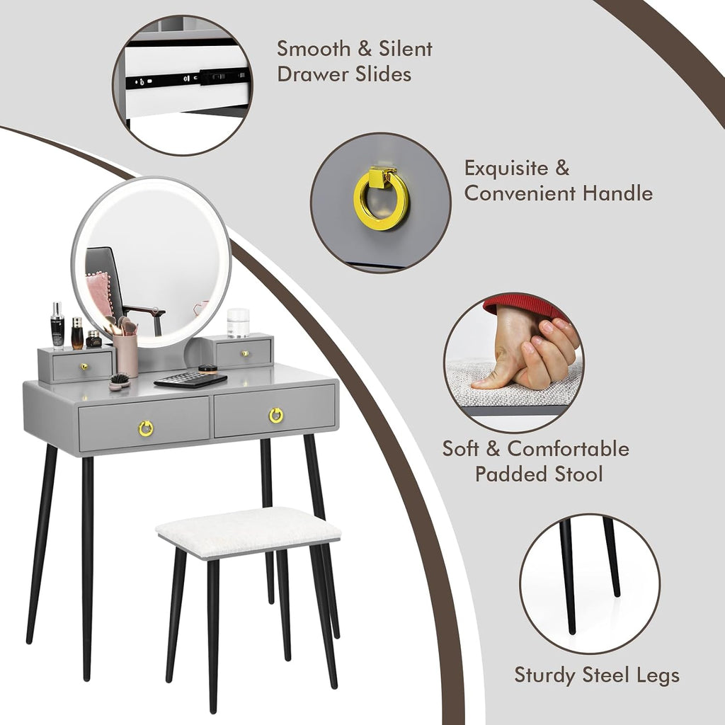 COSTWAY Vanity Table Set with Mirror and Lights, Makeup Dressing Table w/ 3 Color Lighting Modes & Adjustable Brightness, Vanity Mirror with Desk and Cushioned Stool for Women Girls (Grey & Black)