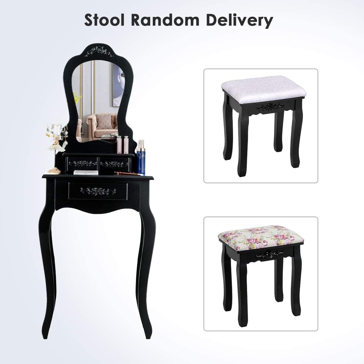 LDAILY Vanity Table Set with Cushioned Stool, Makeup Table with Clear Mirror & 3 Storage Drawers, Multipurpose Writing Desk, Bedroom Bathroom Small Space Dressing Table and Bench for Girl (Black)