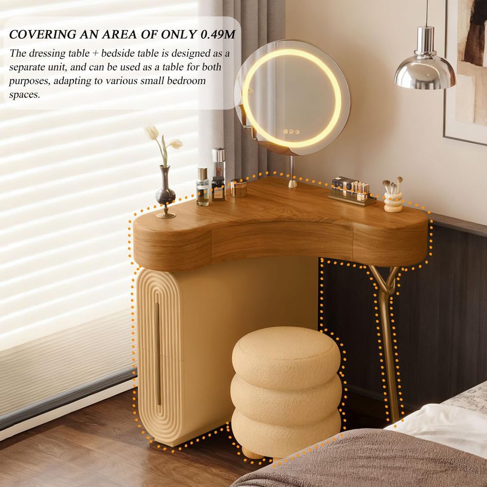 Corner Makeup Vanity Desk, Vanity Small Space with LED Mirror, 3 Drawers, Minimalist Design Wood Nightstand Vanity Suitable for Small Bedroom Spaces,Stool