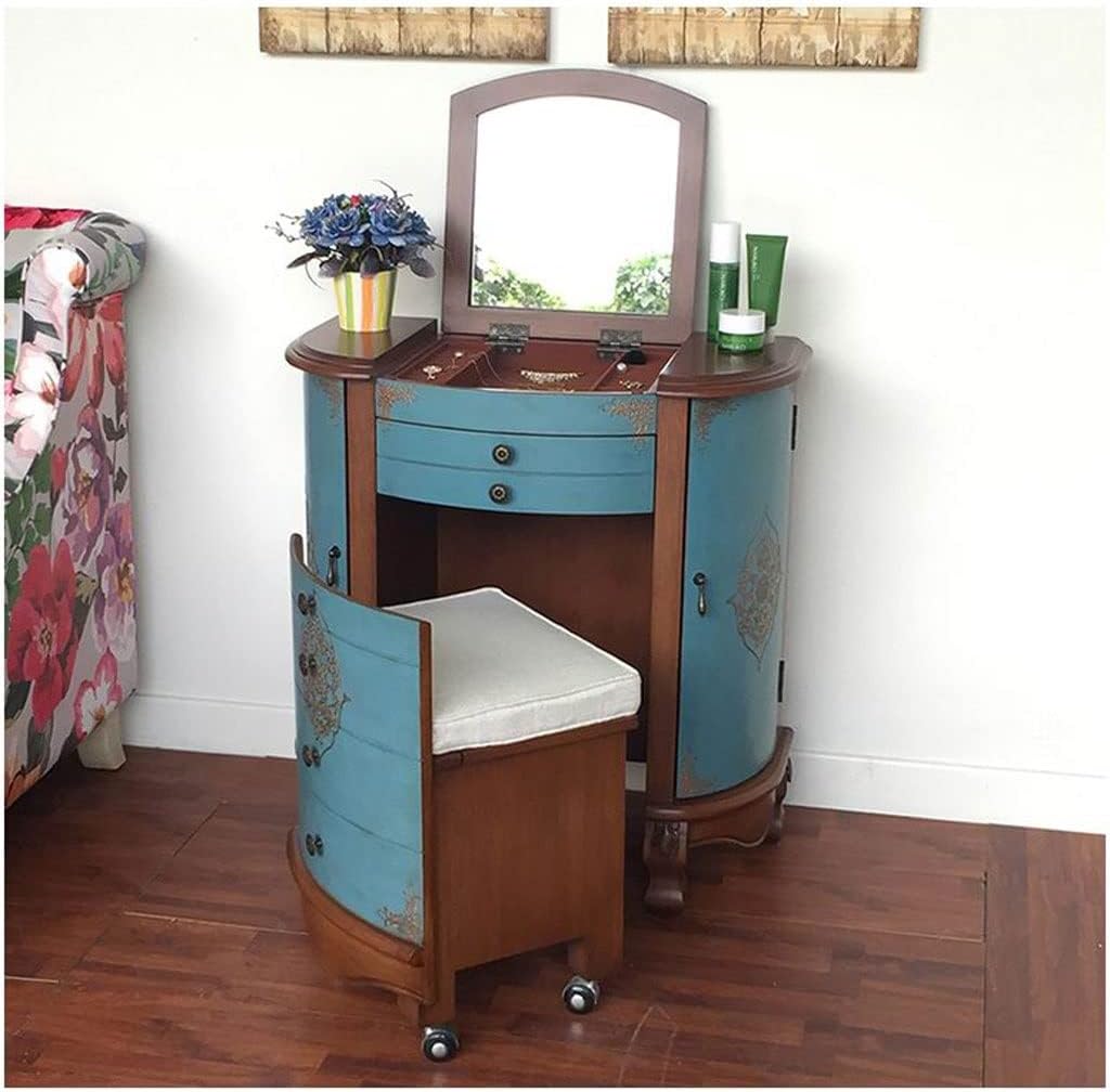 Vanity Benches Semicircle Dresser Retro Small Bedroom Dresser Flip Mirror Dresser Ladies Dresser Multifunctional Table with Stool (Color : A)