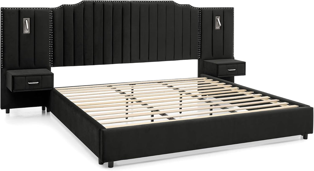 Velvet Upholstered King Size Platform Bed Frame with 48' Tall Headboard, Built-in Nightstands & Storage Drawers, No Box Spring Needed, Modern Black Bedroom Furniture Set (Black, King)
