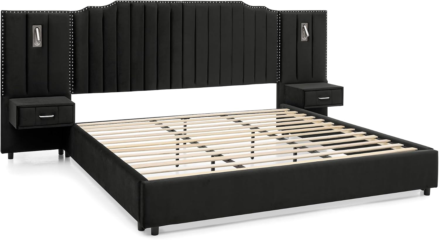 Velvet Upholstered King Size Platform Bed Frame with 48' Tall Headboard, Built-in Nightstands & Storage Drawers, No Box Spring Needed, Modern Black Bedroom Furniture Set (Black, King)