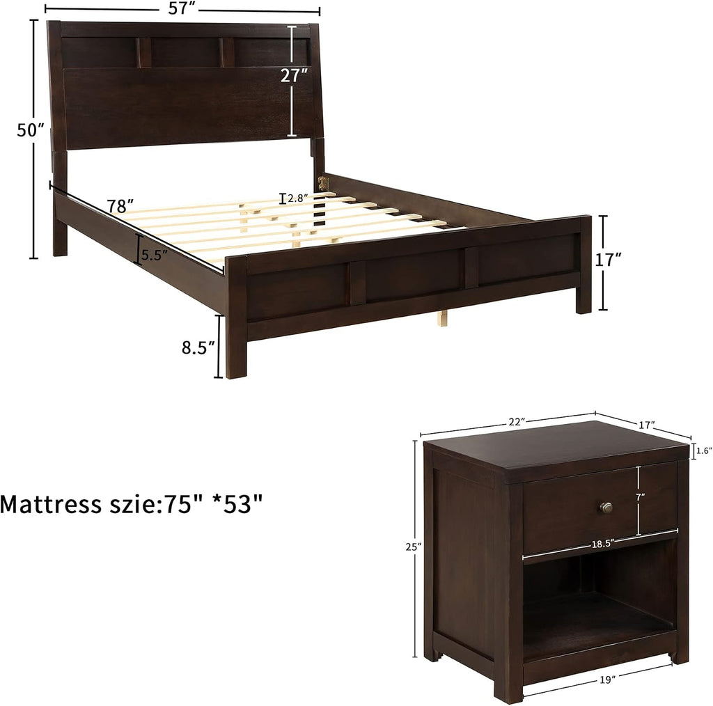 3 Pieces Full Size Bedroom Set, Solid Wood Full Size Platform Bed + 2 Night Stand, Platform Bed with Center Support Legs, Rustic Inviting Classic Brown, Distressed, Slightly Rustic Look
