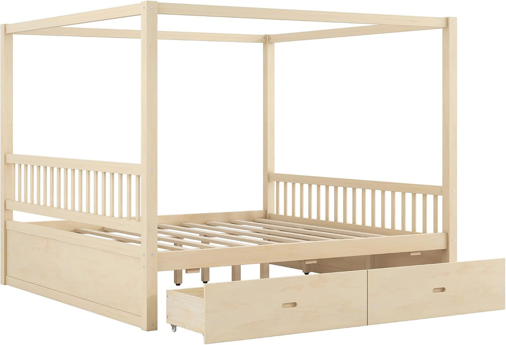 Canopy Bed with Storage Drawers, Wooden Bed Frame with Slat for Bedroom,No Spring Box Needed (Natural, King (U.S. Standard))