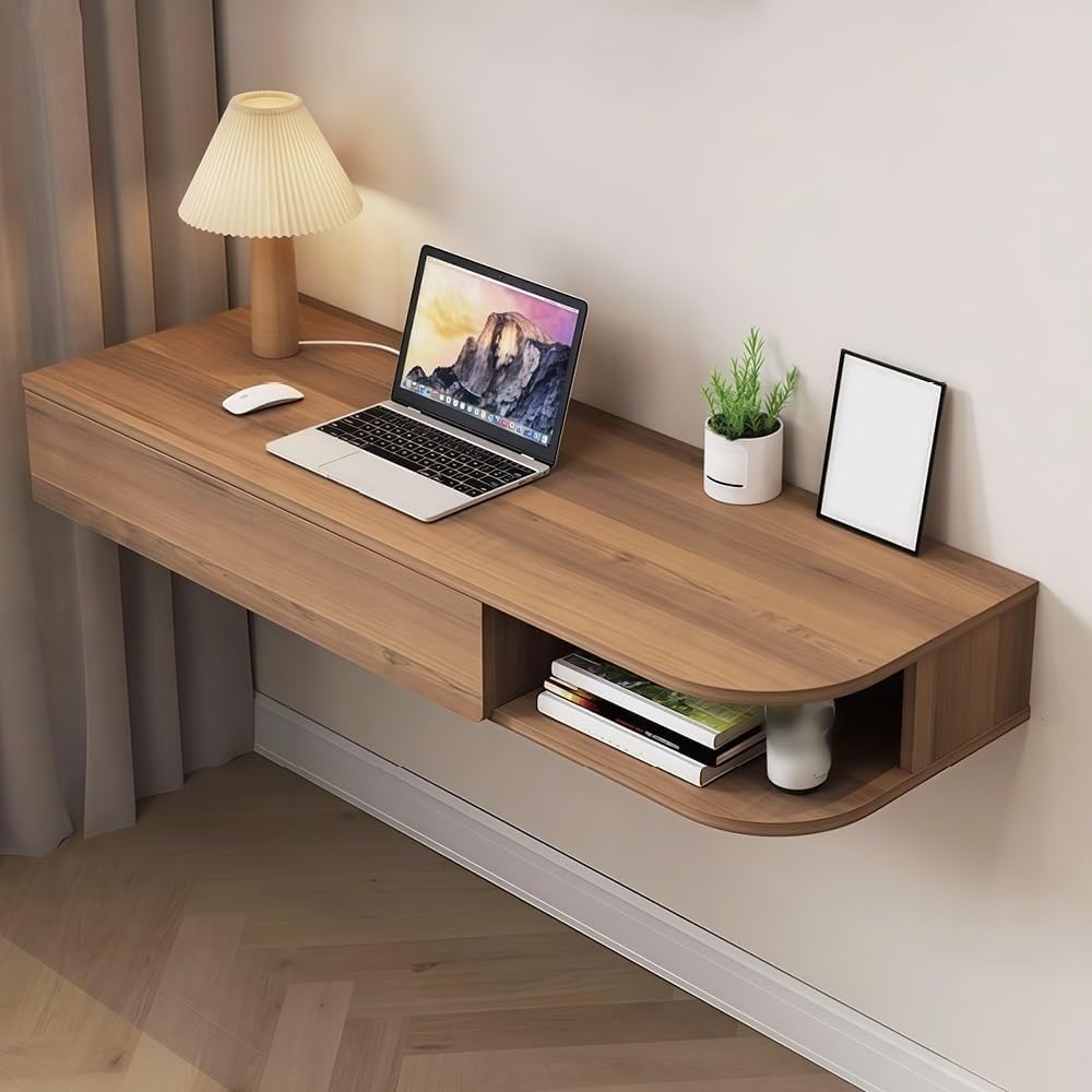 Wall-Mounted Desk with Storage Drawers Hanging Corner Vanity Table Wooden Computer Table Adjustable Bookshelf for Home Offices Heavy Duty(Brown Right,80 cm)