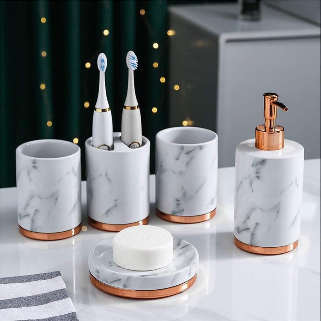Vanity Bathroom Decor, 5 Piece Bathroom Accessory Set with Metal Base Marble Pattern Bathroom Sets Accessories Soap Dispenser Housewarming Gift