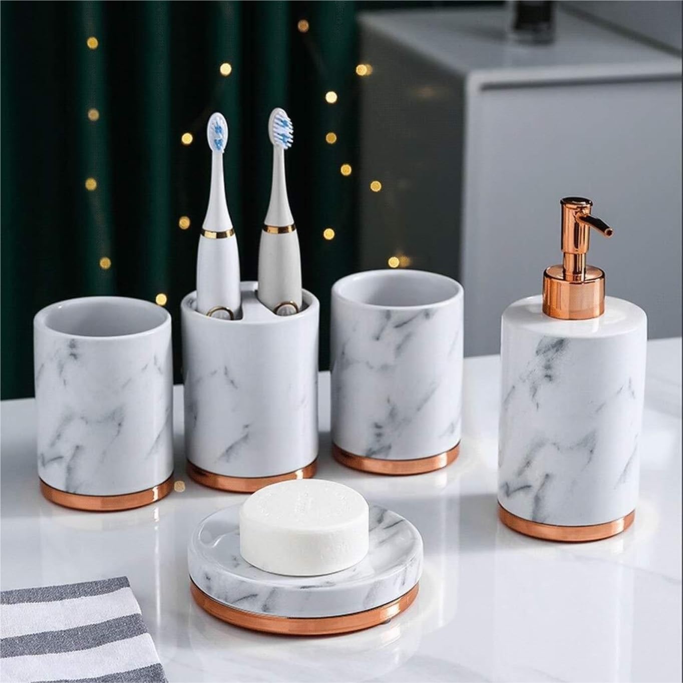 Vanity Bathroom Decor, 5 Piece Bathroom Accessory Set with Metal Base Marble Pattern Bathroom Sets Accessories Soap Dispenser Housewarming Gift