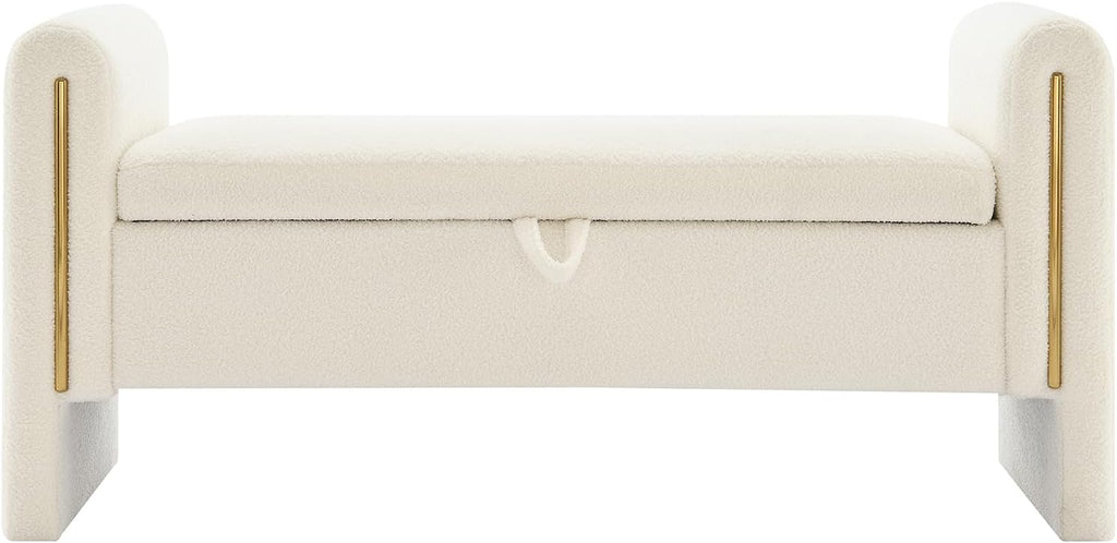 JIJIWANG Modern Bed End Bench with Arms and Storage, Upholstered Bed Bench Entryway Bench Ottoman Comfy Window Vanity Bench Footstool for Living Room,Bedroom,Cream