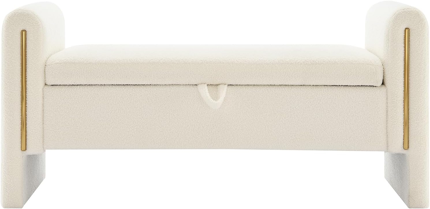 JIJIWANG Modern Bed End Bench with Arms and Storage, Upholstered Bed Bench Entryway Bench Ottoman Comfy Window Vanity Bench Footstool for Living Room,Bedroom,Cream