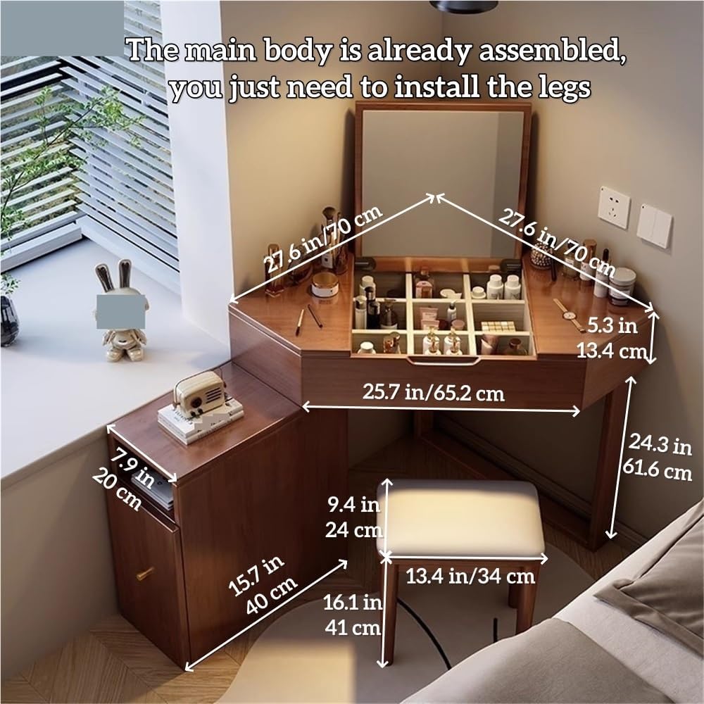 Corner Vanity Desk, Makeup Table with Mirror and Chair, Dual-Purpose Makeup Vanity, Solid Wood Vanity Table for Bedroom(Brown)