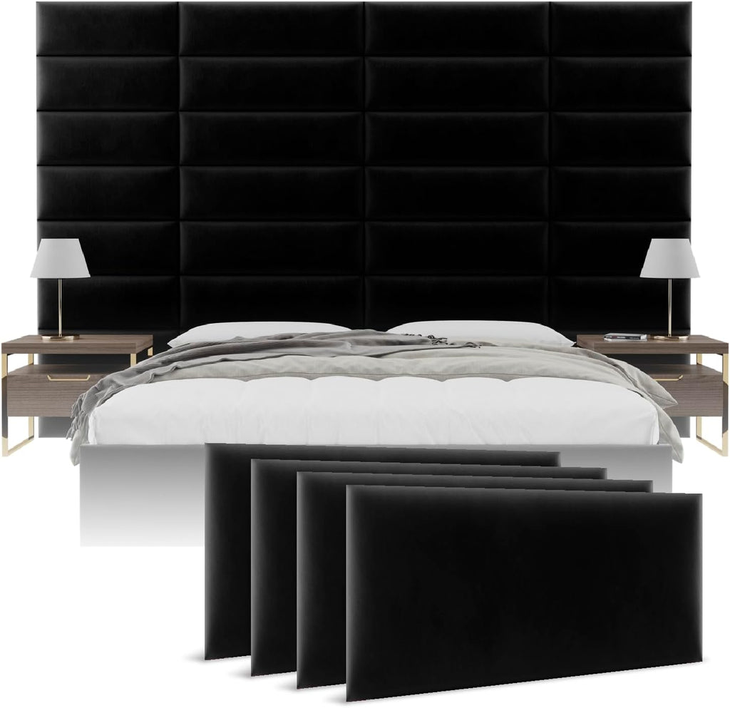 Vänt Upholstered Wall Panels - Queen/Full Size Wall Mounted Velvet Headboards - Velvet Black - Set of 4 Panels (Each Individual Panel 30'x11.5')