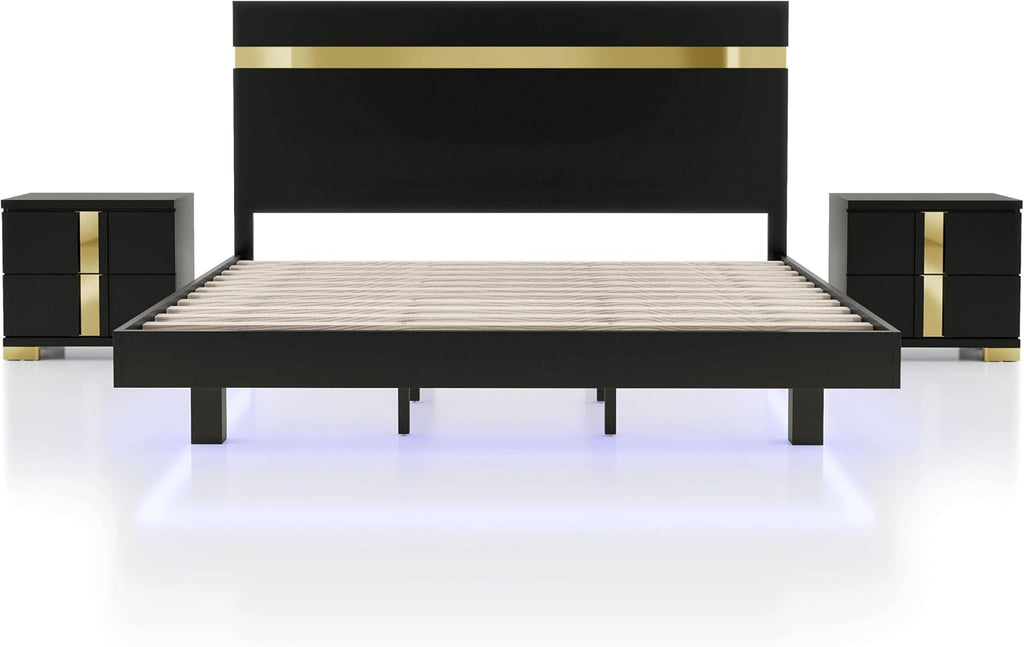 Furniture of America Ansten Modern Wood 3-Piece Platform Bedroom Set with Gold Trim, Underbed LED, Dust Proof Cases, Bracketed Metal Legs, No Box Spring Needed, Queen, Black