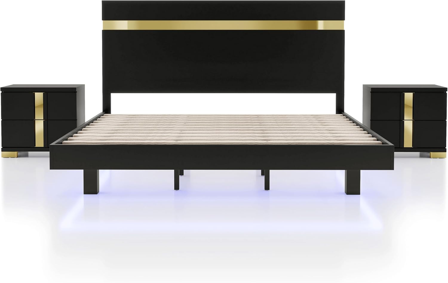 Furniture of America Ansten Modern Wood 3-Piece Platform Bedroom Set with Gold Trim, Underbed LED, Dust Proof Cases, Bracketed Metal Legs, No Box Spring Needed, Queen, Black