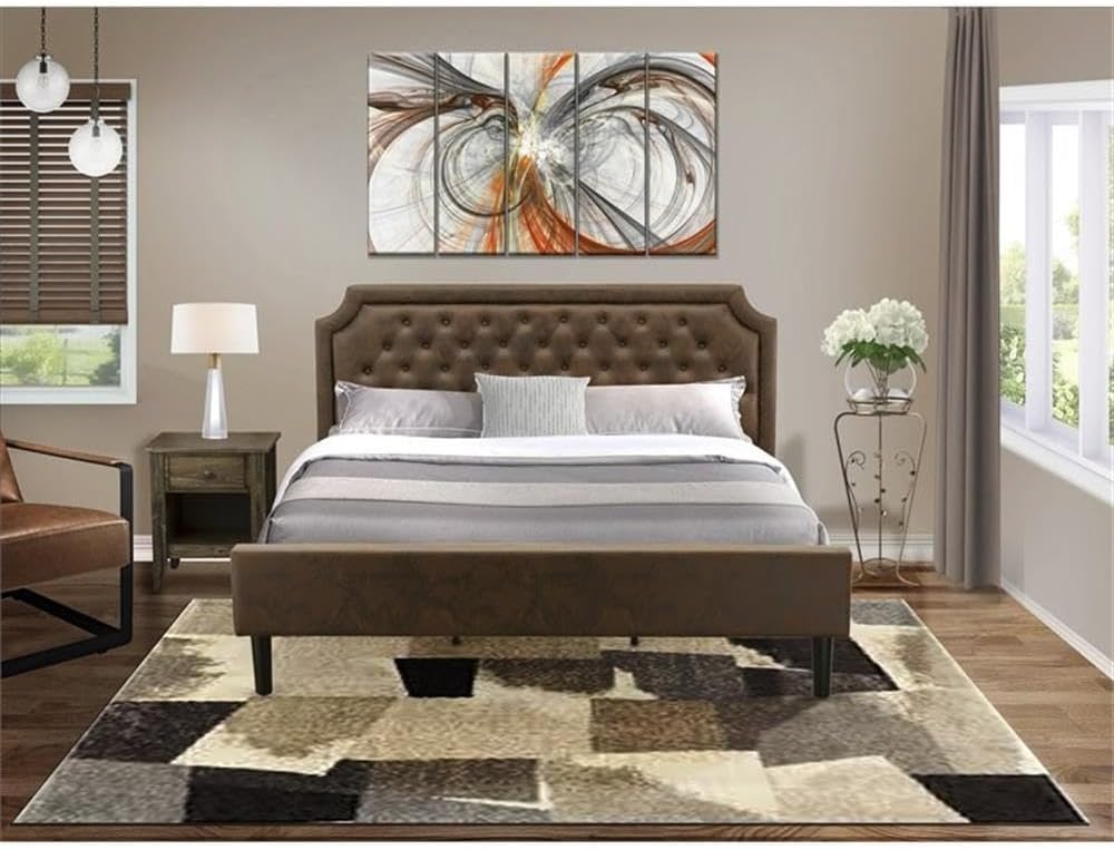 Pemberly Row 2-Piece Wood King Bedroom Set, Brown Jacobean Finish, Engineered Wood & Faux Leather, Upholstered Bed Frame with Hardwood Slats & Nightstand, Classic Style for Master Bedroom Decor