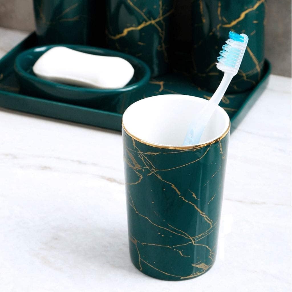 Vanity Bathroom Decor, Nordic Ceramics Bathroom Accessories Set Imitation Marble Toothbrush Holder Soap Dispenser Cup Soap Dish Housewarming Gift(Green,6pcs)