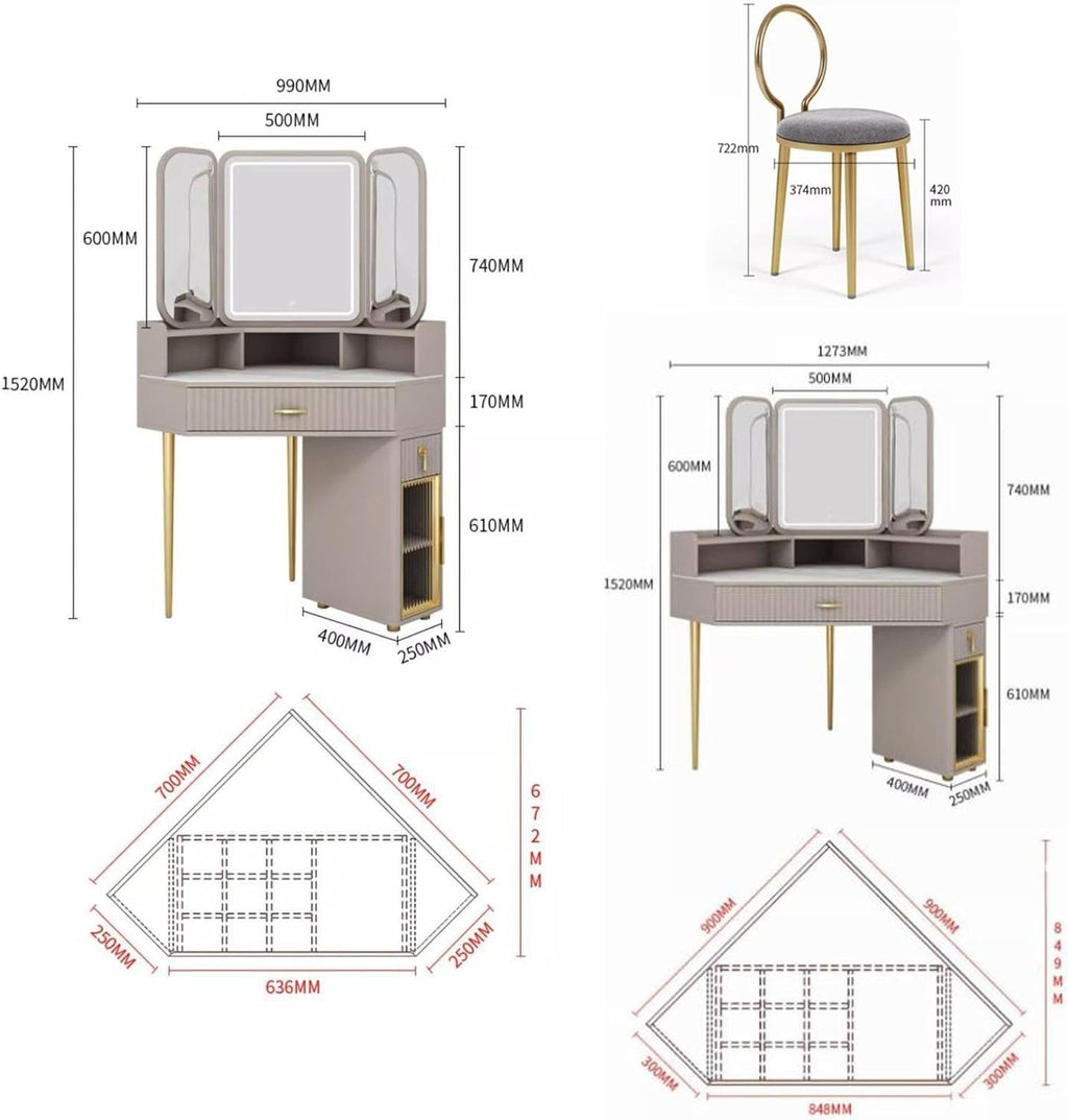 UPGENT Corner Makeup Vanity Table with Tri-fold Illuminated Mirror, Vanity Desk with Large-Capacity Secondary Cabinet, Bedroom Dressing Table with Stool for Small Spaces (Color : Gray, Size : 90CM)