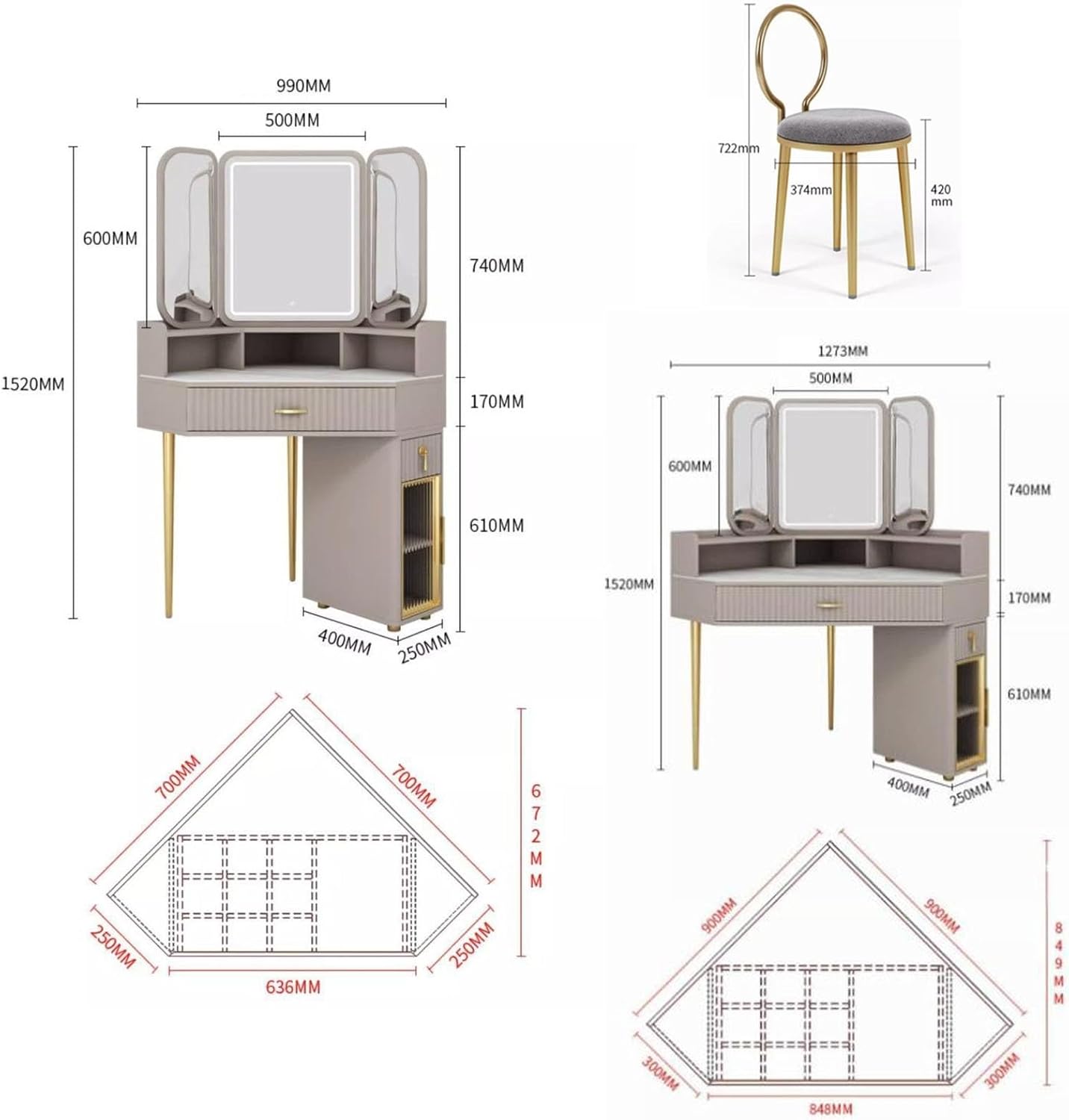 UPGENT Corner Makeup Vanity Table with Tri-fold Illuminated Mirror, Vanity Desk with Large-Capacity Secondary Cabinet, Bedroom Dressing Table with Stool for Small Spaces (Color : White, Size : 70CM)