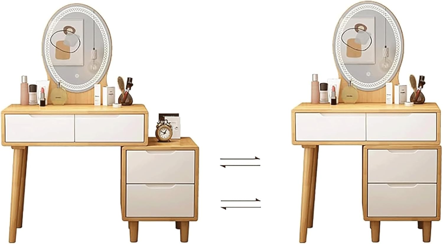 Rieort Vanity Desk MDF Vanity Benches with Adjustable Lights Mirror Makeup Table 4 Drawers Vanity Table Set Luxury Dressing Table