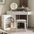 Corner Makeup Vanity Desk with Mirror and Lights, LED 3-Color Adjustable, Large Drawers & Side Cabinet, Cushioned Stool, Modern Dressing Table for Bedroom Small Spaces,White