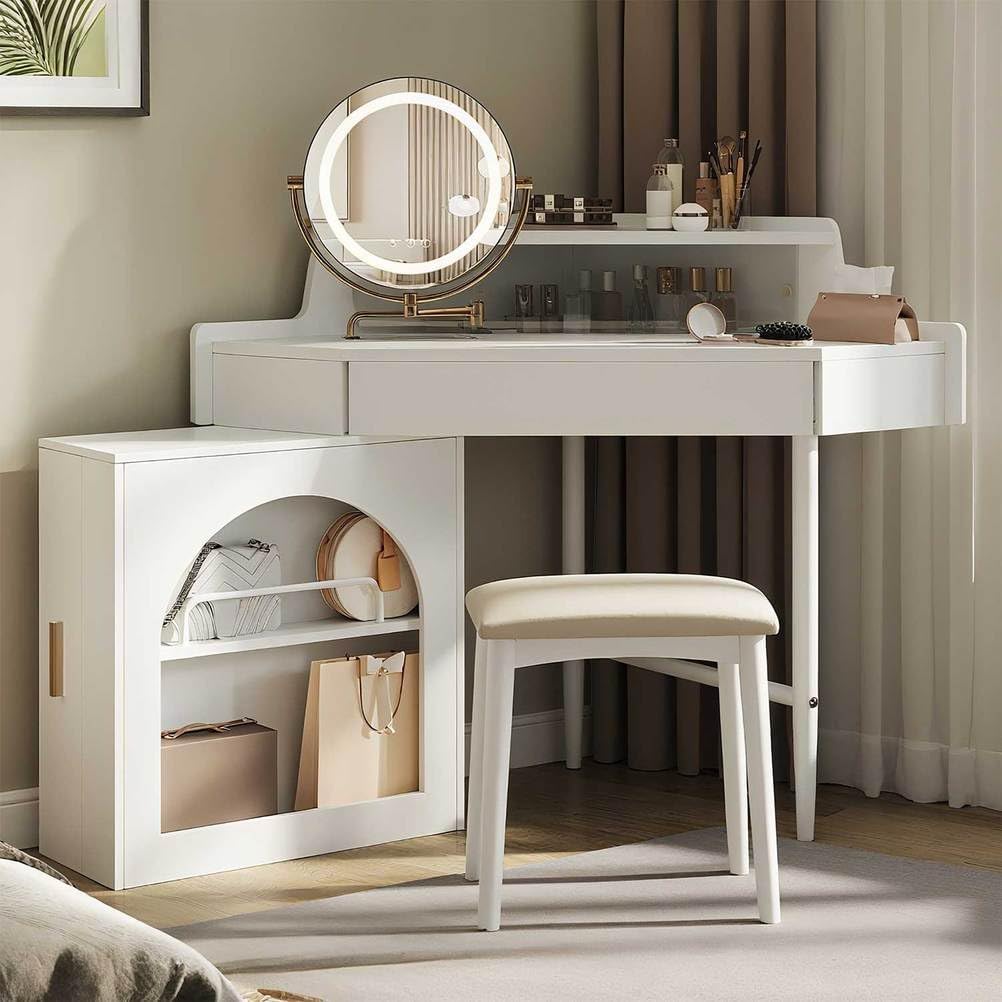 Corner Makeup Vanity Desk with Mirror and Lights, LED 3-Color Adjustable, Large Drawers & Side Cabinet, Cushioned Stool, Modern Dressing Table for Bedroom Small Spaces,White