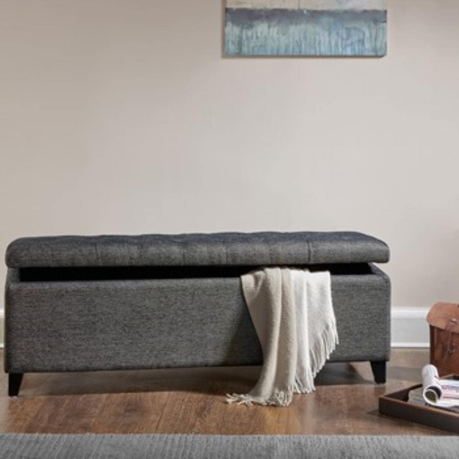 Madison Park Entryway Accent Bench for Living Room Flip Top Storage Chest, Shandra Tufted Top Upholstered Storage Bench End of Bed for Bedroom Furniture, Indoor Seating, 49'Wide, Charcoal