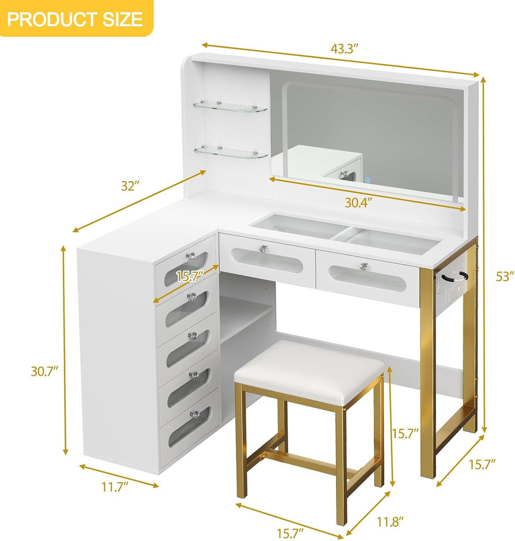 48' L-Shaped Corner Vanity Desk with LED Lighted Mirror - 3 Adjustable Lighting Modes, Featuring 5 Tempered Glass Drawers & Open Storage Shelves for Stylish Dressing Table (White)