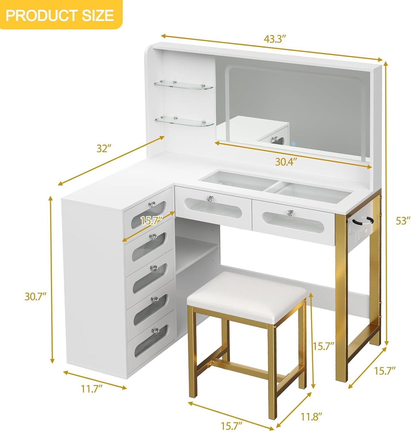 48' L-Shaped Corner Vanity Desk with LED Lighted Mirror - 3 Adjustable Lighting Modes, Featuring 5 Tempered Glass Drawers & Open Storage Shelves for Stylish Dressing Table (White)