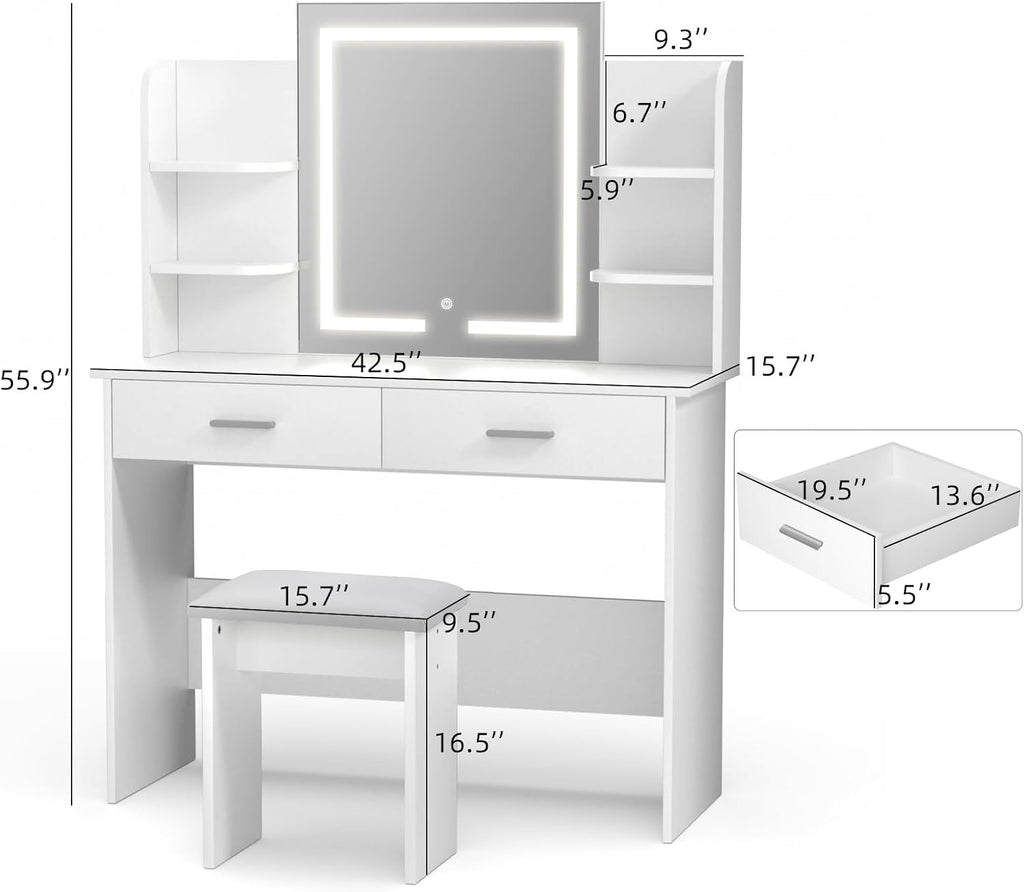 SMOOL Vanity Desk with Lighted Mirror - Makeup Vanity Table with 3 Color Light Options Adjustable Brightness, Vanity with 6 Storage Shelves, 2 Large Drawers, Vanity Set for Girls Women, White