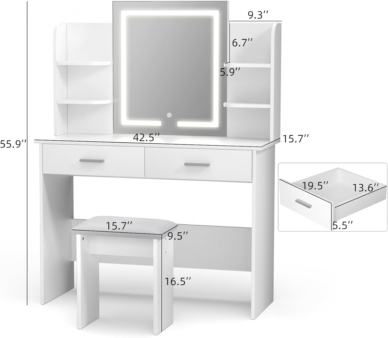 SMOOL Vanity Desk with Lighted Mirror - Makeup Vanity Table with 3 Color Light Options Adjustable Brightness, Vanity with 6 Storage Shelves, 2 Large Drawers, Vanity Set for Girls Women, White