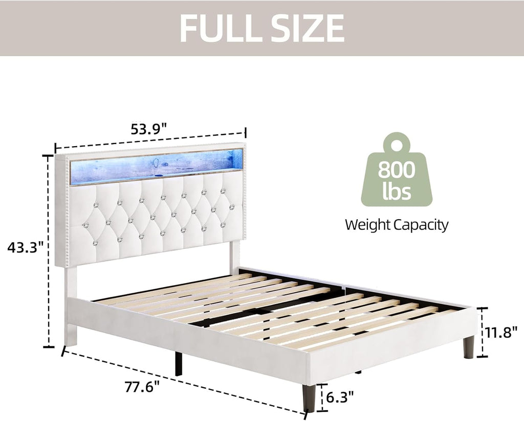 HOMBCK Full Size Bed Frame with LED Lights, Velvet Upholstered Bed Frame Full with Charging Station and Storage Headboard, Modern Diamond and Rivet Design, No Box Spring Needed, Easy Assembly, Beige