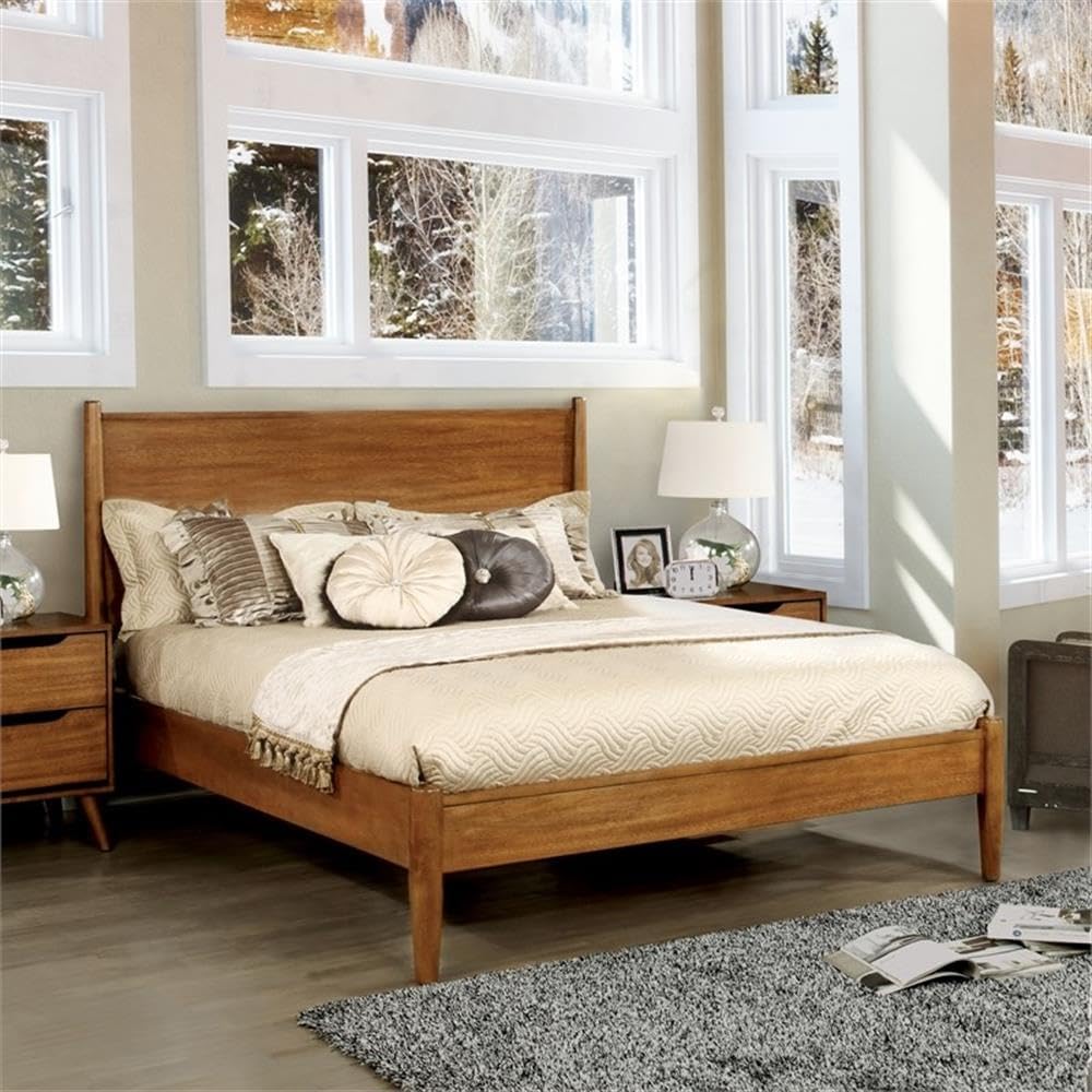 Allora 4-Piece Wood Bedroom Set, California King Bed, Nightstand, Dresser, Mirror, Solid Rubber Wood and Veneer, Oak Finish, Ample Storage, Timeless Design for Master Bedroom Furniture