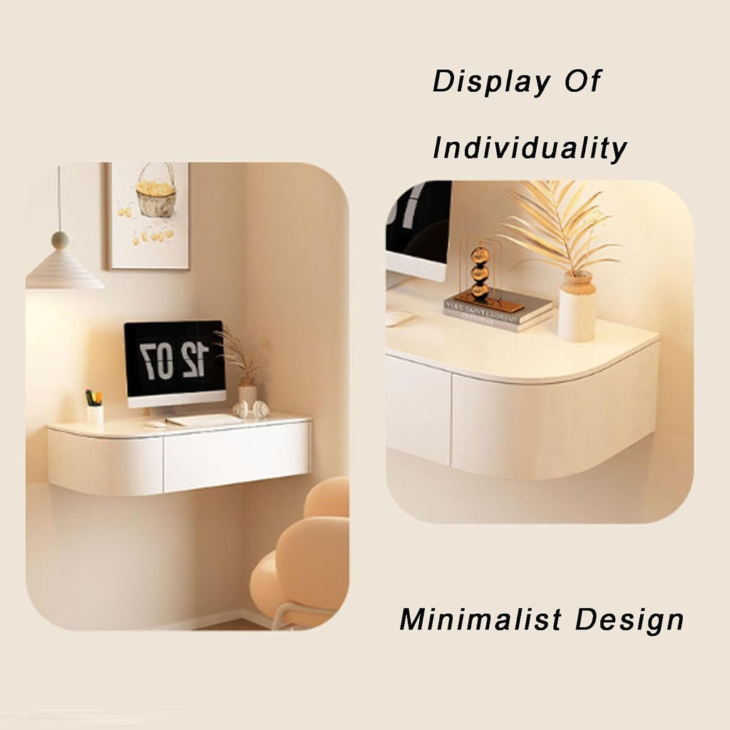 Floating Vanity Makeup Table, Modern White Suspended Desk with Drawers, Wall Mounted Corner Dressing Desk, Wood Hanging Nightstand for Bedroom(White Left,120cm/47.2in)