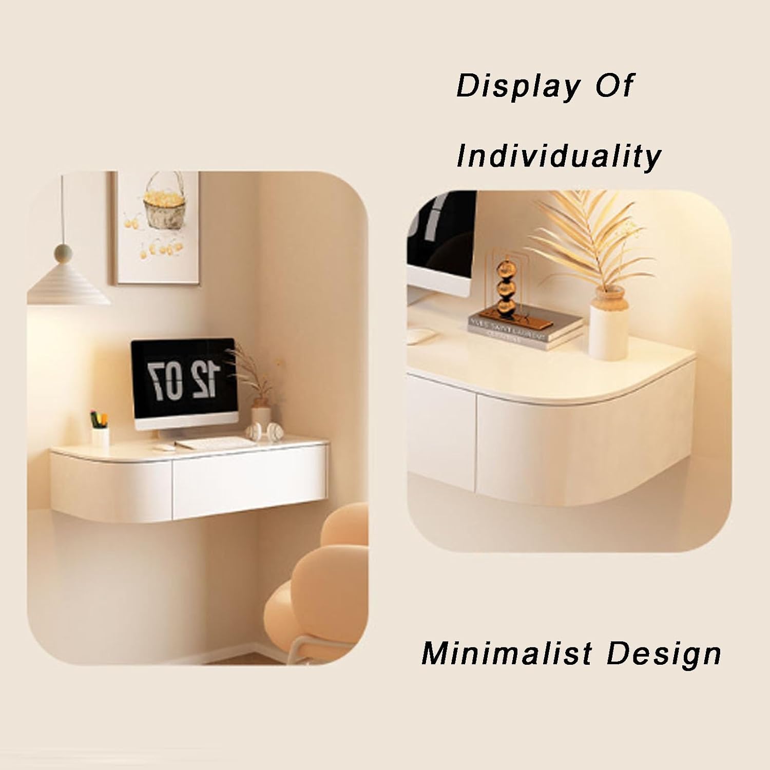 Floating Vanity Makeup Table, Modern White Suspended Desk with Drawers, Wall Mounted Corner Dressing Desk, Wood Hanging Nightstand for Bedroom(White Left,120cm/47.2in)