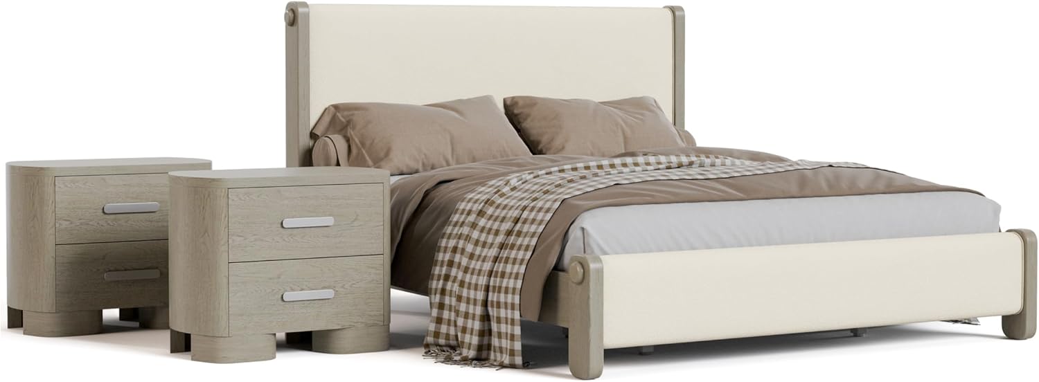 Furniture of America Nainsted Modern Wood 3-Piece Bedroom Set with Padded Headboard, USB Chargers on Nightstand, Metal Slide Glides, Rounded Edges, Box Spring Needed, Queen, White Oak