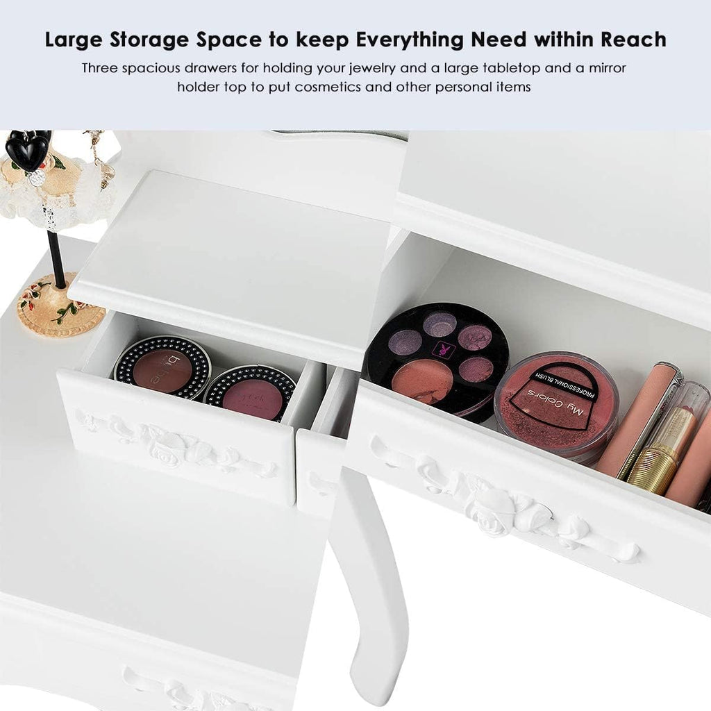LDAILY Vanity Table Set with Cushioned Stool, Makeup Table with Mirror & 3 Storage Drawers, Multipurpose Writing Desk, Bedroom Bathroom Small Space Dressing Table and Bench for Women, Girl (White)