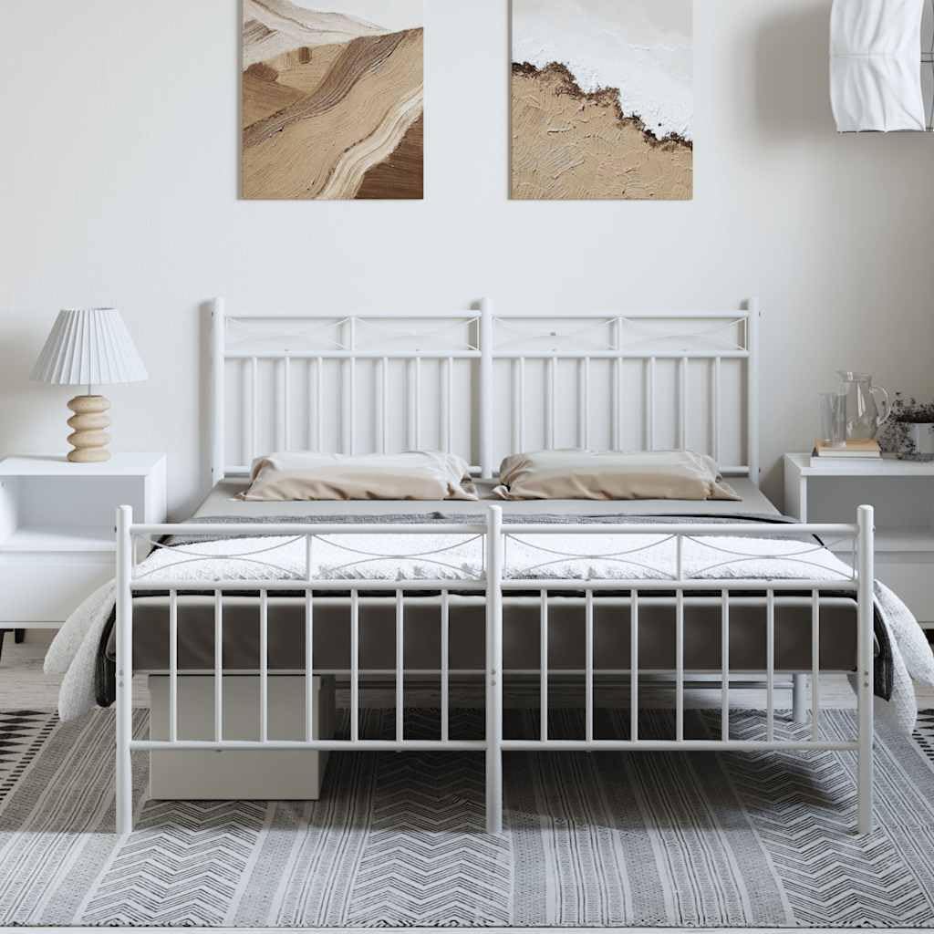 King Size Bed Frame Metal Platform Bed White Powder-Coated Steel Frame with Headboard and Footboard for Bedroom Furniture