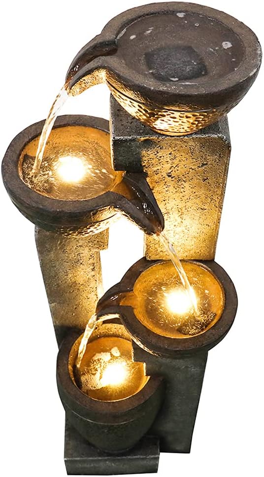 Outdoor Garden Water Fountain-Indoor Polyresin Waterfall Floor-Standing Fountains with LED Lights for Garden, Patio, Deck, Porch, Yard Art Decor (40inch)