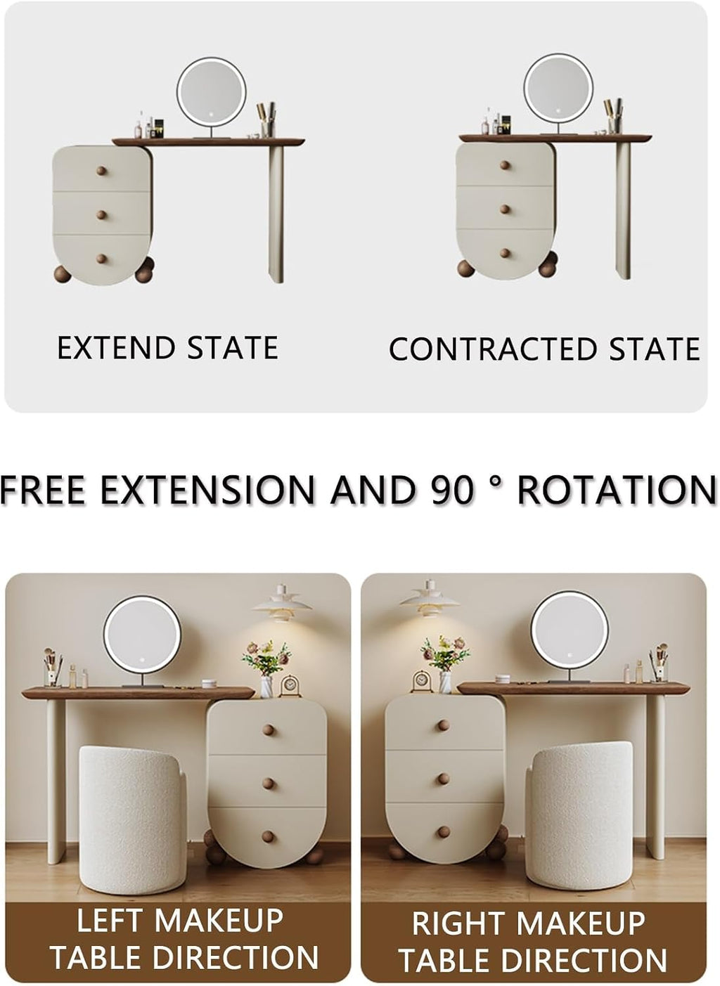 Makeup Vanity Desk ，Spacious Desktop, Three-Tier Side Cabinet, Freely extendable with 90° Corner Rotation, Reinforced Spherical Creative Cabinet Legs, Multi-Layer Solid Wood Frame and Drawers
