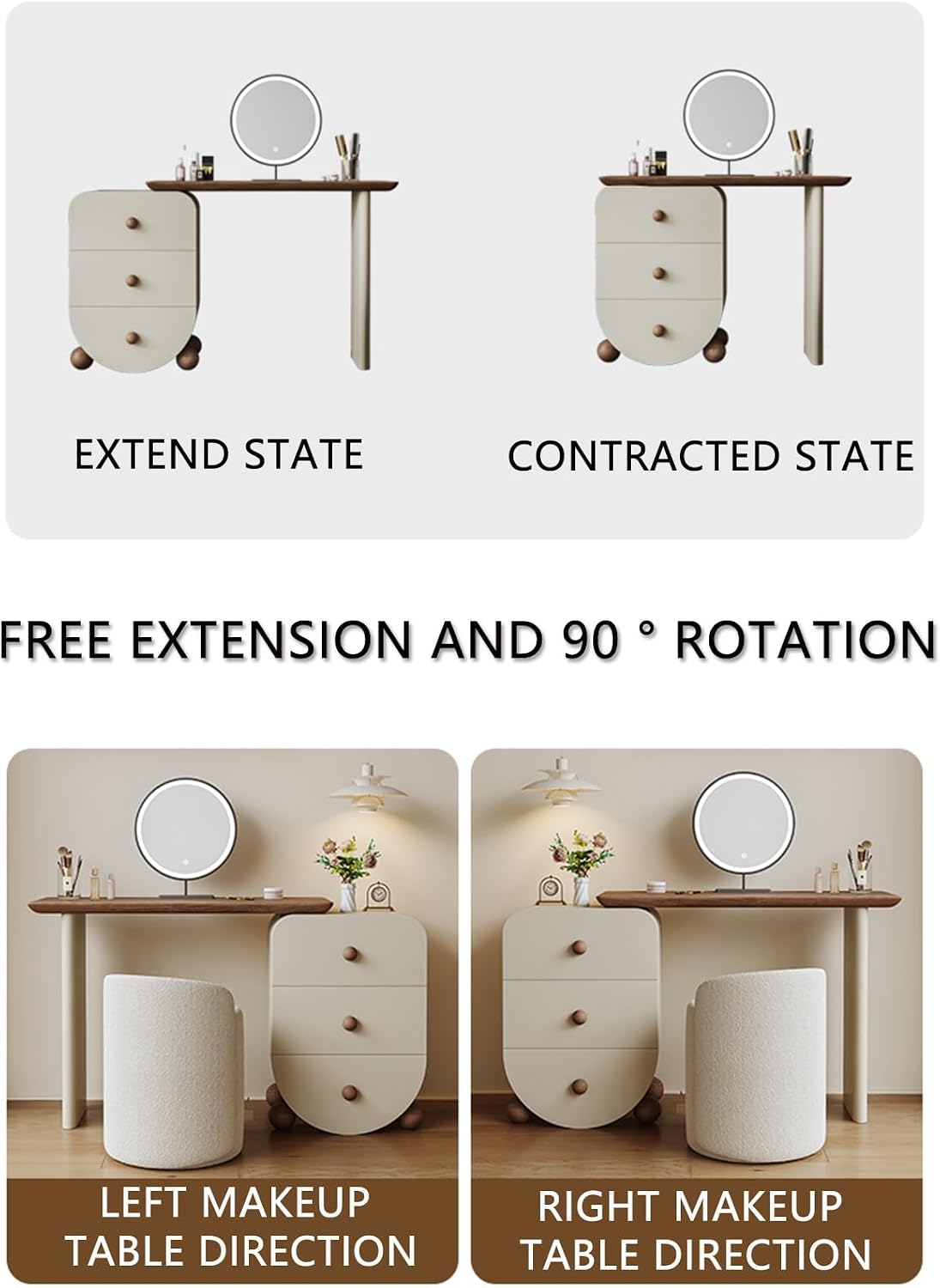 Makeup Vanity Desk ，Spacious Desktop, Three-Tier Side Cabinet, Freely extendable with 90° Corner Rotation, Reinforced Spherical Creative Cabinet Legs, Multi-Layer Solid Wood Frame and Drawers