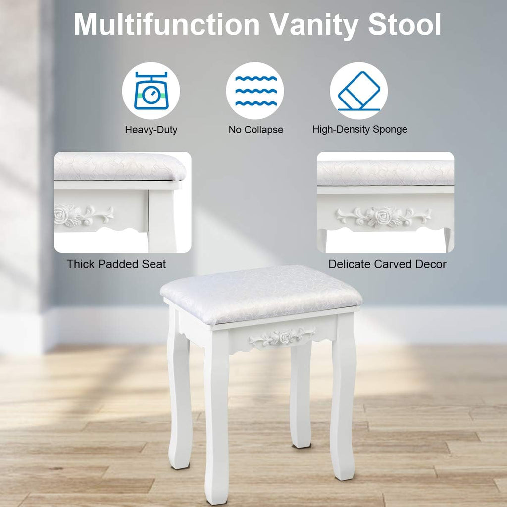 DORTALA Vanity Table Set, Makeup Table with 10 Dimmable Bulbs Lighted Mirror & 4 Drawers, Cushioned Stool, Solid Wood Leg, Classic Dressing Table Set for Home, Salon, White