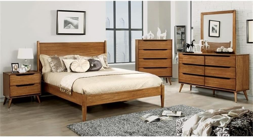Allora 4-Piece Wood Bedroom Set, California King Bed, Nightstand, Dresser, Mirror, Solid Rubber Wood and Veneer, Oak Finish, Ample Storage, Timeless Design for Master Bedroom Furniture