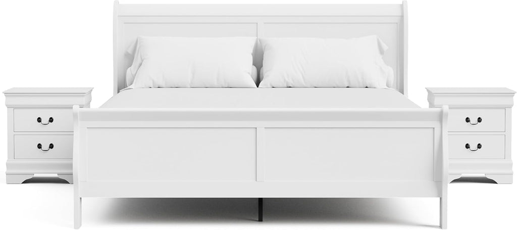 Furniture of America Arabella Traditional Solid Wood 3 Piece Bedroom Set, King Bed Frame and Nightstands Set of 2, Chic Sleigh Design Bedframe with Headboard and Footboard, Box Spring Needed, White