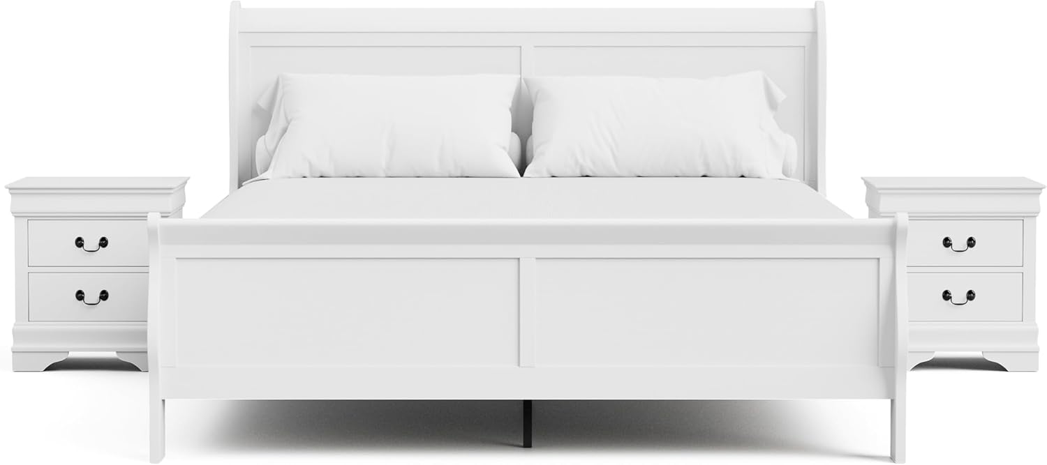 Furniture of America Arabella Traditional Solid Wood 3 Piece Bedroom Set, King Bed Frame and Nightstands Set of 2, Chic Sleigh Design Bedframe with Headboard and Footboard, Box Spring Needed, White
