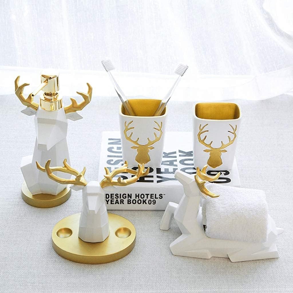 Vanity Bathroom Decor, Resin Bathroom Accessories 5-Piece Bathroom Set Toothbrush Holder Set Tumbler Soap Dish Soap Dispenser Set Housewarming Gift