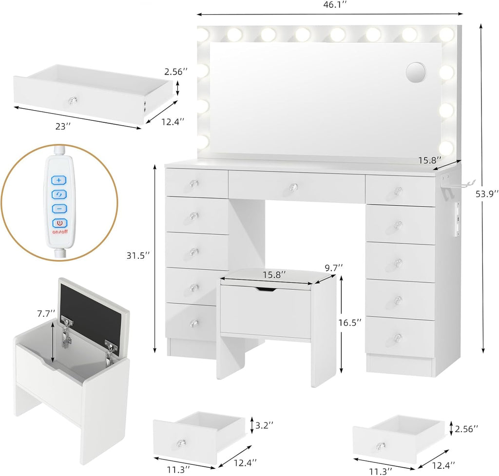 VOWNER Vanity with Lighted Mirror - Makeup Vanity Desk with 11 Drawers and Outlet, 3 Color Lighting Modes Adjustable Brightness, 46' Vanity Table with Soft Cushioned Stool for Bedroom, White