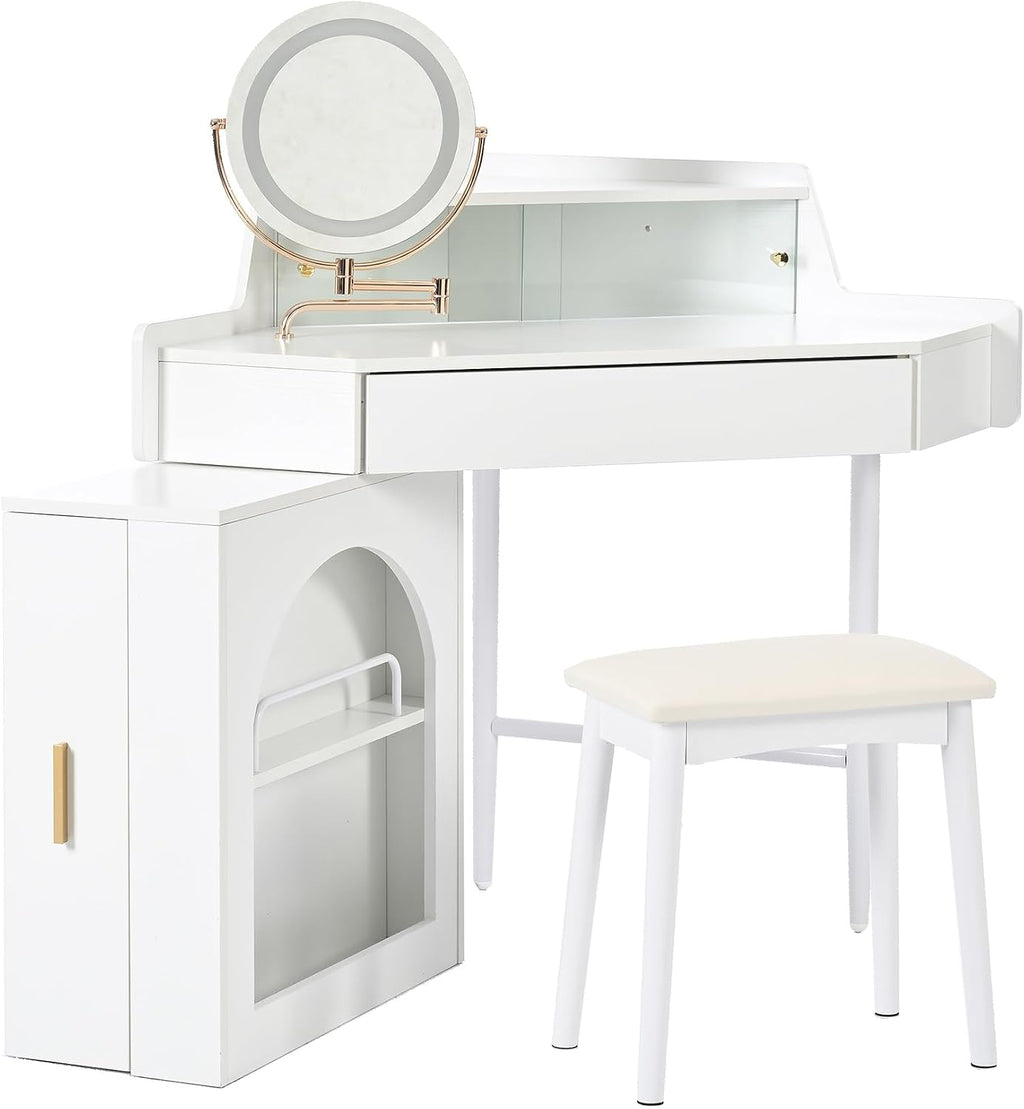 Corner Makeup Vanity Desk with Mirror LED Lights, Vanity Set with Mirror and Stool, Dressing Table with Large Storage for Small Place, Brightness Adjustable Folding Mirror, White